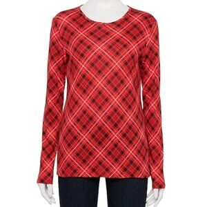 Croft & Barrow Women Red Plaid Classic Tee Crew Neck TShirt Long Sleeve PLUS XXL